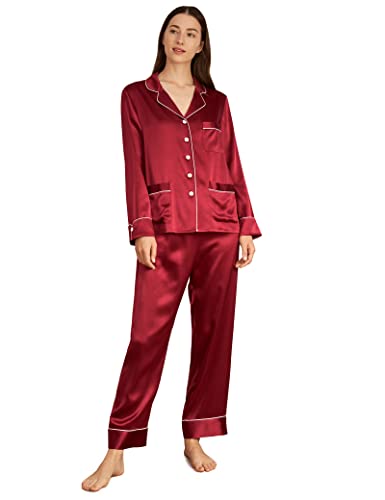 LilySilk Schick Seide Schlafanzug Seide Pyjama Set Damen Lang mit Besatz Weinrot XL Verpackung MEHRWEG von LilySilk