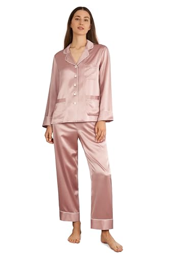LilySilk Schick Seide Schlafanzug Seide Pyjama Set Damen Lang mit weißem Besatz 22 Momme (XL, Altrosa) Verpackung MEHRWEG von LilySilk