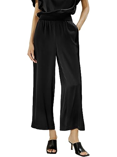 LilySilk Schwarze Seidenhose für Damen Weit geschnittenes verkürztes Bein mit seitlichen Schlitzen Gestrickter elastischer Bund Lockerer Schnitt Leichte(Schwarz,XS) von LilySilk