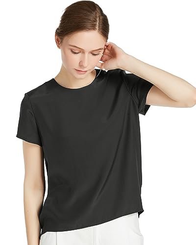 LilySilk Seide Damen Hemdbluse Kurzarm Bluse Hemd Tunika 22 Momme (M, Schwarz) Verpackung MEHRWEG von LilySilk