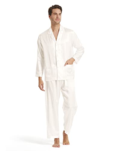 LilySilk Seide Herrenpyjama Set Schlafanzug Nachtwäsche Herren aus Seide von 19 Momme (L, Weiß) Verpackung MEHRWEG von LilySilk