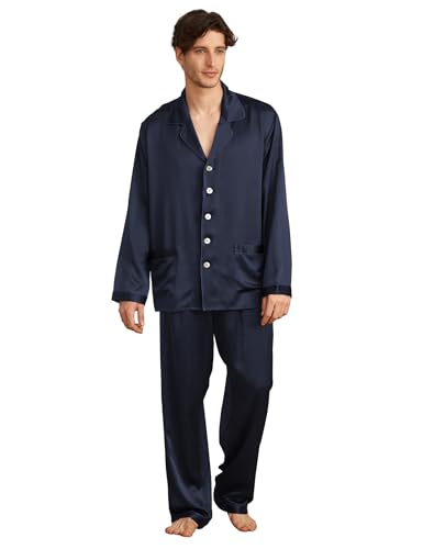 LilySilk Seide Herrenpyjama Set Schlafanzug Nachtwäsche Herren aus Seide von 19 Momme Blau S Verpackung MEHRWEG von LilySilk