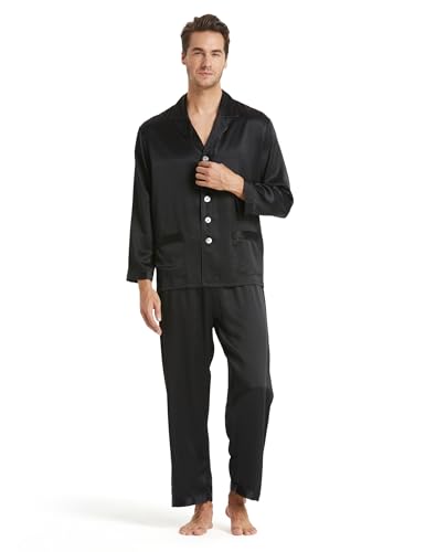 LilySilk Seide Herrenpyjama Set Schlafanzug Nachtwäsche Herren aus Seide von 19 Momme Schwarz XXL Verpackung MEHRWEG von LilySilk