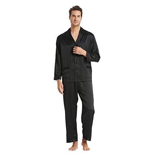 LilySilk Seide Pyjama Herren Nachtwäsche Unifarbe Elegant - M Schwarz von LilySilk