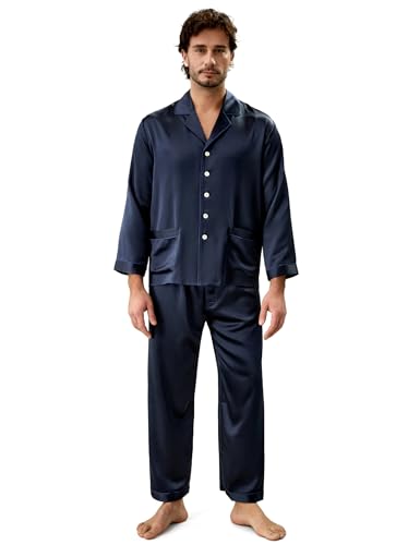 LilySilk Seide Pyjama Herren Nachtwäsche Unifarbe Elegant - XL Dunkel Blau von LilySilk
