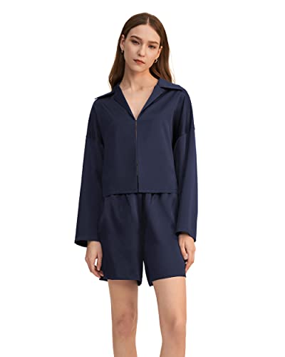 LilySilk Seide Pyjama Set für Frauen 22 Momme Minimalistische Cropped Nachtwäsche Top Passende Shorts Hosen 2-teilige Loungewear PJ Set(Navy BLAU,L) von LilySilk