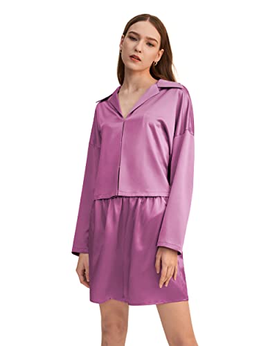 LilySilk Seide Pyjama Set für Frauen 22 Momme Minimalistische Cropped Nachtwäsche Top Passende Shorts Hosen 2-teilige Loungewear PJ Set(Violet,L) von LilySilk