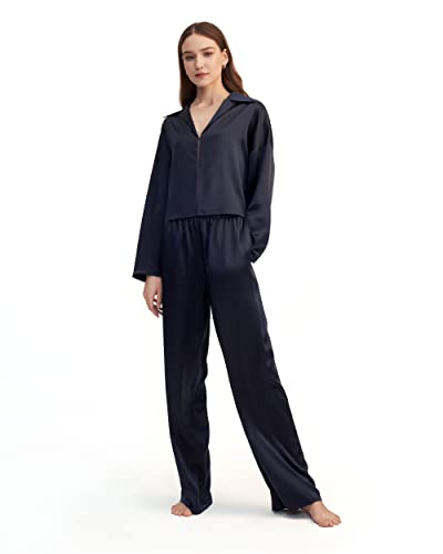 LilySilk Seide Pyjama Set für Frauen Seide Trendy Pulllover Nachtwäsche Hausanzug Schlafanzug 2-teilige Damen PJ Set(Navy BLAU,S) von LilySilk
