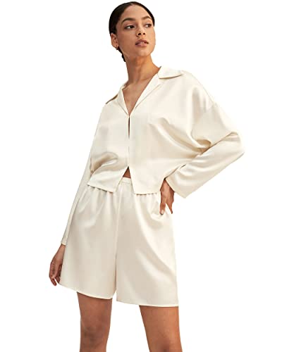 LilySilk Seide Pyjama Set für Frauen Minimalistische Cropped Nachtwäsche Top Passende Shorts Hosen 2-teilige Loungewear PJ Set(Lily Weiss,XL) von LilySilk