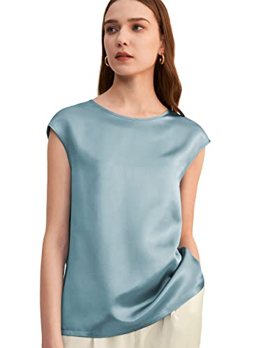 LilySilk Seide Tunika T-Shirt Seidenhemd Bluse Damen Kurzarm Rundkragen Verpackung MEHRWEG (L, Neblig Blau) von LilySilk