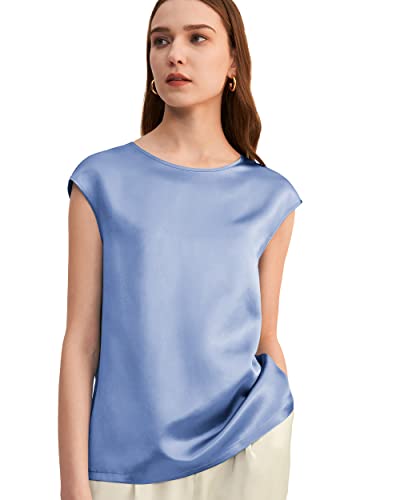 LilySilk Seide Tunika T-Shirt Seidenhemd Bluse Damen Kurzarm Rundkragen Verpackung MEHRWEG (S, Blau) von LilySilk