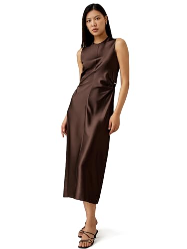 LilySilk Seiden-A-Linien-Kleid für Frauen Rundhalsausschnitt ärmellos Schräg Geschnitten mit Ausgeschnittenen Metallringen Schmale Passform Party-Damen(Dunkler Kaffee,42) von LilySilk