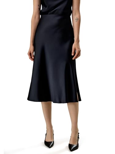 LilySilk Seiden-Midirock Schrägschnitt 32 Momme Doppelgewebte 100% Seiden-Charmeuse Mit Seitenschlitz Saum Hautfreundlicher Bund Rock Für Damen(Mitternachtsblau,40) von LilySilk