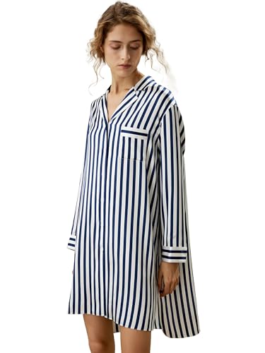 LilySilk Seiden-Nachthemd für Damen Dreiviertelarm mit Schalkragen Seiden-Charmeuse Schlafshirt Knopfleiste Seitentaschen Schlafanzug Frau Nadelstreifen Groß(Blau-Weiß Nadelstreifen,M) von LilySilk