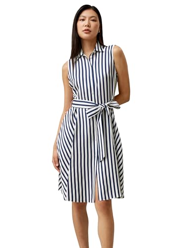 LilySilk Seidenkleid mit Streifen für Damen ärmellos mit Gürtel und Taschen Lässiges Nadelstreifen-Hemd-Kleid für Damen im Sommer(Blau-Weiß Nadelstreifen,40) von LilySilk