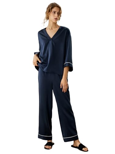 LilySilk Seidenpyjama-Set für Damen 100% Sand-Wash Pullover-Oberteil V-Ausschnitt 3/4-Ärmel Hose mit hoher Taille locker leger(Dunkel Blau,XL) von LilySilk