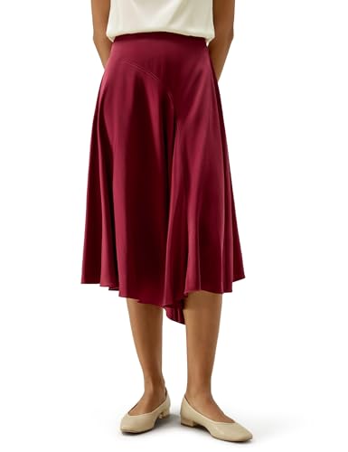 LilySilk Seidenrock mit Seitenschlitz Schwingender Saum Asymmetrischer Saum Wadenlänge Bürotauglich und Freizeitstil(Kirschrot,30) von LilySilk