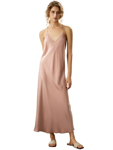 LilySilk Seidensamt-Nachthemd Maxi-Lang Damen Reines Seidenunterkleid Schlafen V-Ausschnitt Ärmelloses Nachthemd Damen Natürlich Weiß Groß(Abendsand,M) von LilySilk