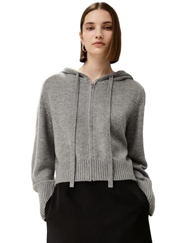 LilySilk Woll-Kaschmir-Cardigan für Damen Kapuzen-Zip-Up-Strickjacke Lässige Leichte Warme Winter-Strick-Oberbekleidung(Hellgraue,S von LilySilk