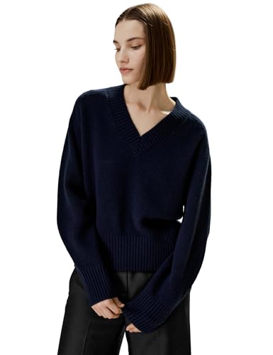 LilySilk Woll-Kaschmir-Mischpullover für Damen Oversize-Pullover Damen V-Ausschnitt Lockerer Sitz Strickpullover mit Lochmuster(Navy Blau,S von LilySilk