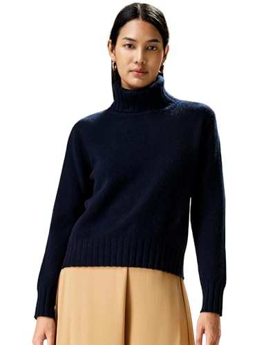 LilySilk Woll Kaschmir Pullover für Damen Rollkragenpullover mit Rippensaum Fass Kragen Strickpullover Winter Leichtgewicht(Navy Blau,S von LilySilk