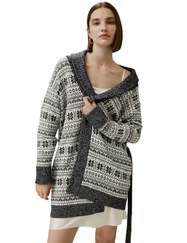 LilySilk Woll-Strickjacke für Damen mit Taillenbindung im Fair Isle Design, lässiger Leichter Warmer Winter-Strickmantel in Oversize(Weiß Mit Schneeflocken,L) von LilySilk