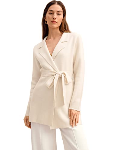 LilySilk Wolle Blazer Creme Revers Incana Strick Oberbekleidung für Frauen Warme weiche Lange Mantel für Winter mit Gürtel Langarm(Creme,M) von LilySilk