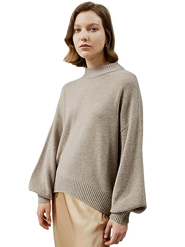 LilySilk Wollkaschmirpullover für Damen, Trendiger entspannter Pullover mit geripptem Strickmuster, überschnittenen Blasenärmeln für Herbst und Winter(Kamel,L) von LilySilk