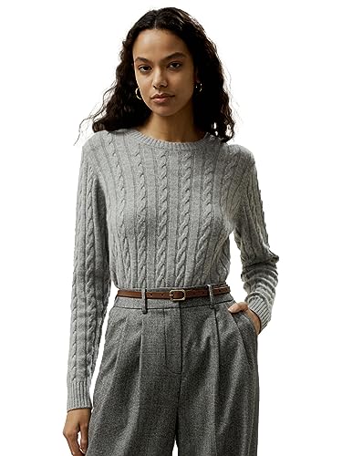 LilySilk Wollkaschmirpullover für Damen, klassischer Pullover im Preppy-Stil mit geripptem Zopfmuster, für Herbst und Winter(Grau,M) von LilySilk