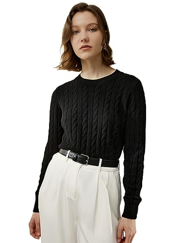 LilySilk Wollkaschmirpullover für Damen, klassischer Pullover im Preppy-Stil mit geripptem Zopfmuster, für Herbst und Winter(Schwarz,M) von LilySilk