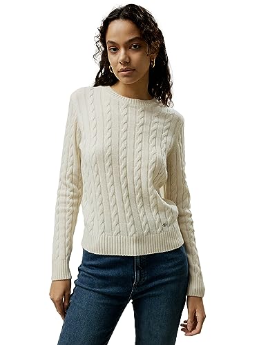 LilySilk Wollkaschmirpullover für Damen, klassischer Pullover im Preppy-Stil mit geripptem Zopfmuster, für Herbst und Winter(Weiß,L) von LilySilk
