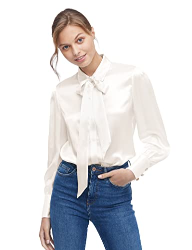 LilySilk X MIM 2 in 1 Seide Hemd Bluse Damen Abnehmbare Schluppe Langarm Shirt 100% 22 Momme Schluppenbluse Elegante Damenbluse Formelle Arbeit Tops Langarmshirt L, Natürliches Weiß von LilySilk