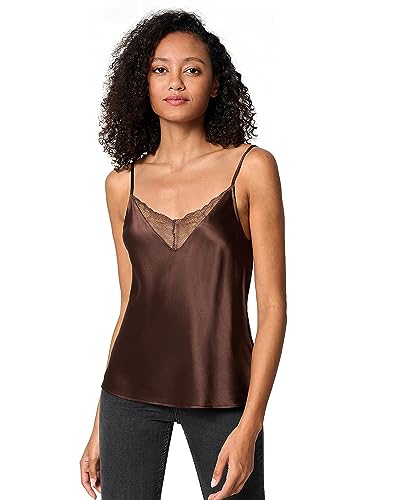 LilySilk X MIM Spitze Seide 2 in 1 Kamisol Seidentop Sexy Seide Unterhemd Top Oberteil Schlicht Trägertop 100% Seide V-Ausschnitt Tops S, Dunkler Kaffee von LilySilk