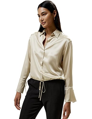 LilySilk X Natasha Exklusives Damen Seidenhemd Frau 22MM Maulbeerseide Bluse mit Bindeband und Rüschenärmeln(Taupe,L) von LilySilk