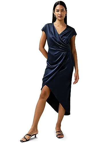 LilySilk X Natasha Exklusives Damen Seidenkleid Frau 22MM Maulbeerseide Wickelkleid mit asymmetrischem Schnitt und Seitenschlitz(Dunkel Blau,40) von LilySilk