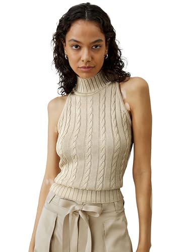 LilySilk ärmelloses Pullover-Oberteil aus 100% Seide für Damen Rollkragenpullover aus Seide mit Zopfmuster dehnbar schmale Passform(Beige,M) von LilySilk