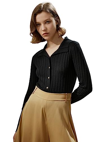 LilySilk gerippte Seide-Kaschmir Mischung Strickjacke für Frauen Reverskragen Langarm Knopf vorne Slim Fit Pullover Damen(Schwarz,L von LilySilk