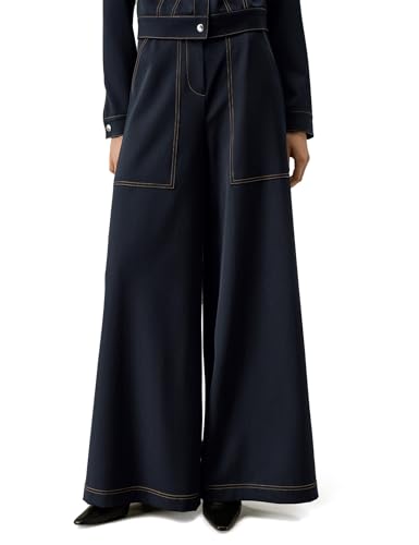 LilySilk x Elizabeth Damen Wollhosen mit Denim-Look Weite Beinform Seidenfutter Businesstaugliche Oversized-Langform(Dunkel Blau,36) von LilySilk