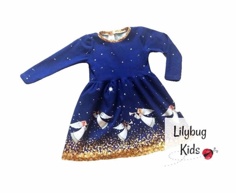 2T Angel Christmas Dress, Handgemachtes Blau-Goldenes Strickkleid von LilybugKids