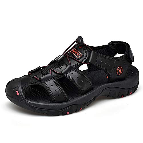 Lilychan Herren Walking Outdoor Sommersandalen Leder Atmungsaktive rutschfeste Wandersandalen Schutzkappe Geschlossene Zehen Fisherman Beach Schuhe (42 EU, Schwarz) von Lilychan