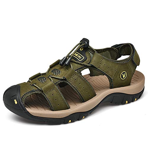 Lilychan Herren Walking Outdoor Sommersandalen Leder Atmungsaktive rutschfeste Wandersandalen Schutzkappe Geschlossene Zehen Fisherman Beach Schuhe (43 EU, Grün) von Lilychan