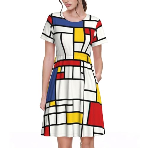 Abstraktes Muster Damen Sommer Kurzarm Freizeitkleid T-Shirt Knielang Swing Sommerkleid mit Taschen, Schwarz, XX-Large von LimPac