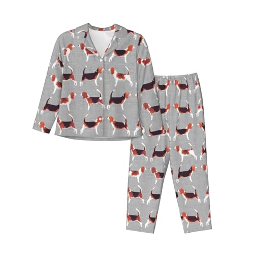Beagle-Muster Druck Damen Nachtwäsche Langarm Pyjama Set Lounge Button Down Pjs Weiche Nachtwäsche, Schwarz, L von LimPac