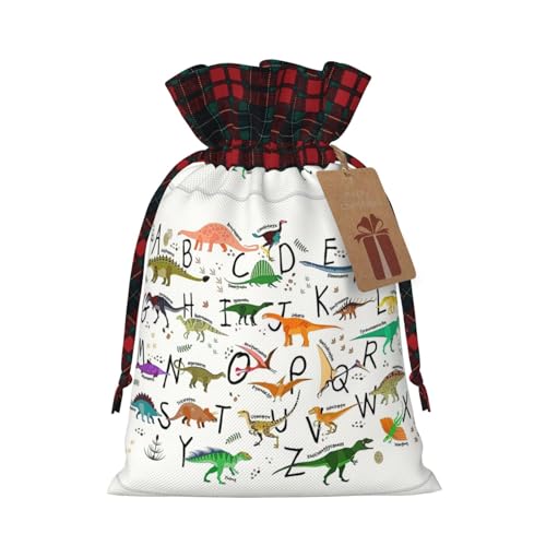 LimPac Stilvolle Dinosaurier-Alphabete, hochwertige Weihnachts-Geschenktasche mit Kordelzug, Jute-Material, buntes Patchwork-Muster, Schwarz , M von LimPac