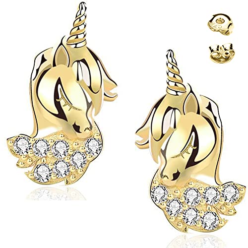 Kinder Mädchen Ohrringe echt 925 Sterling Silber goldene Pferde Einhorn Ohrstecker Geschenkidee (Gold) von Limana