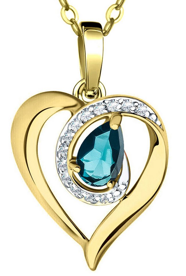 Limana Herzkette Edelstein London blau Topas Silber 925 Gold Damenkette Herz-Anhänger (inkl. Herz Geschenkdose und Tasche), 45-50cm Damengeschenk Liebe Geschenk Idee Goldkette Edelsteinschmuck von Limana