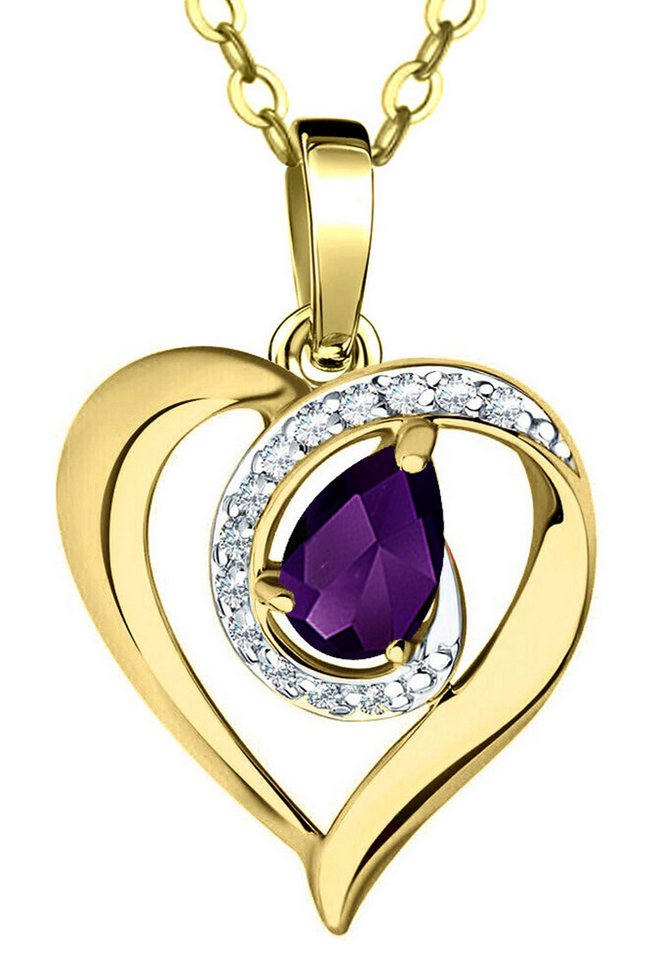 Limana Herzkette echter Amethyst lila 925 Silber Damen Gold Kette mit Herz-Anhänger (inkl. Herz Geschenkdose und Tasche), 45-50cm Damengeschenk Liebe Geschenk Idee Goldkette Edelstein von Limana