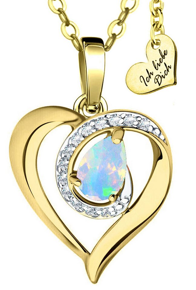 Limana Herzkette echter Opal Edelstein Kette mit Herz Anhänger 925 Silber gold (mit Geschenkdose u. Tasche Damenkette vergoldete Goldkette), Liebesgeschenk Liebe Geschenk für Sie Frauen Damen Freundin Mutter Oma von Limana