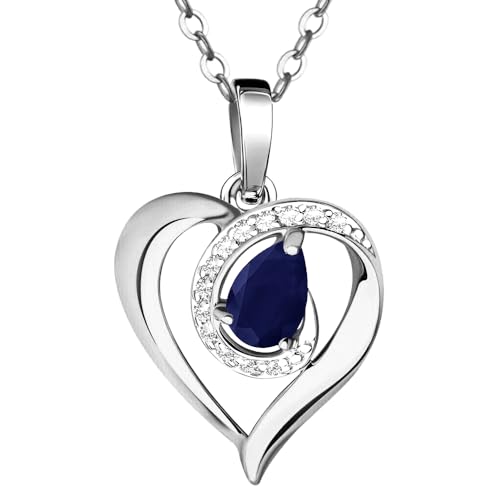 Limana Damen Kette Herz echter Saphir 925 Silber Herzkette mit blauen Edelstein Anhänger 45-50cm Geschenk für Frau Ehefrau (Echter blauer Saphir/Silber) von Limana