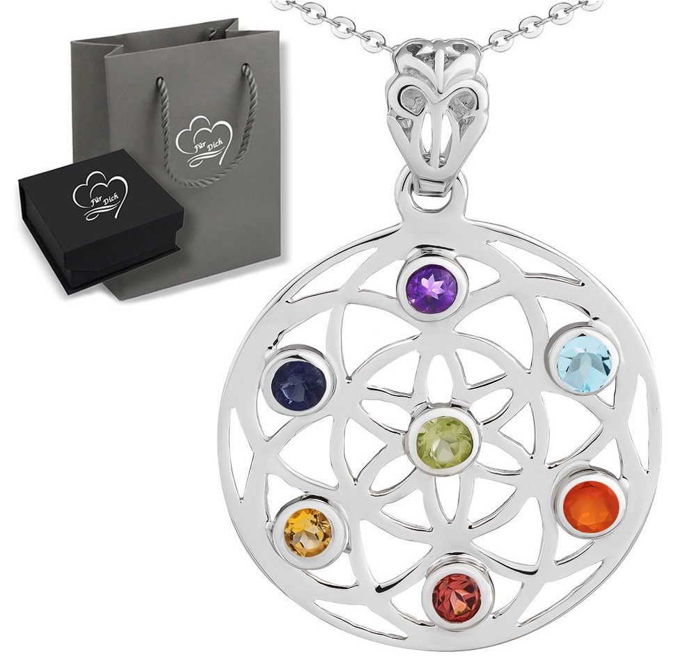 Limana Kette mit Anhänger Chakra 7 echte Edelsteine 925 Sterling Silber 50cm Blume Yoga (inkl. Herz Geschenkdose und Tüte), Edelsteinschmuck Geschenk Idee Geschenkidee von Limana